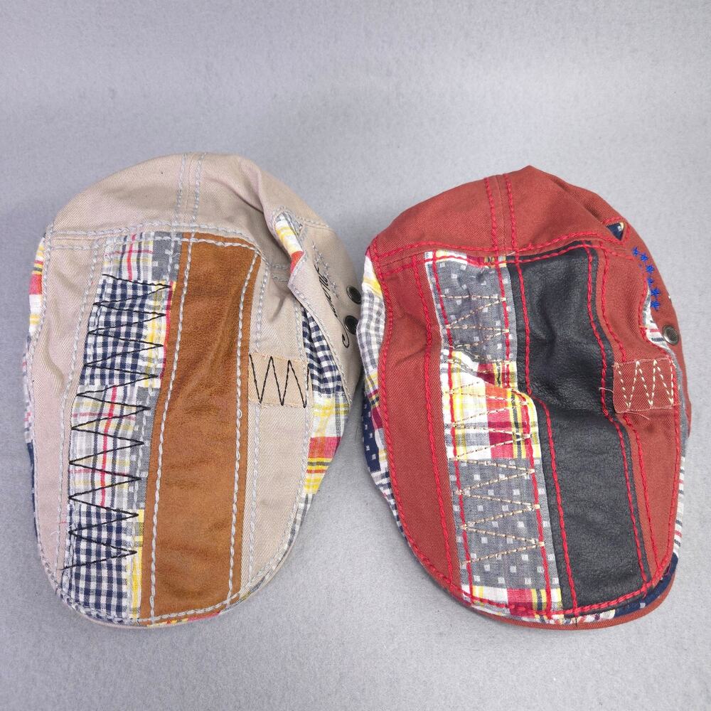 2 Jamont Flat Newsboy Caps Patchwork Multi Color Adjustable Cotton Cabbie
